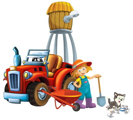 cartoon scene young girl near wheelbarrow and tractor car for different tasks farm animal cat and mouse playing farming tools water silo illustration for children