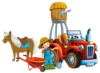 cartoon scene young boy near wheelbarrow and tractor car for different tasks farm animal horse playing farming tools illustration for children