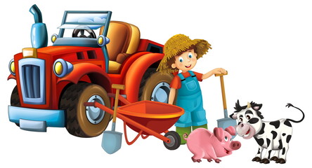 cartoon scene young boy near wheelbarrow and tractor car for different tasks farm animal calf and pig playing farming tools illustration for children