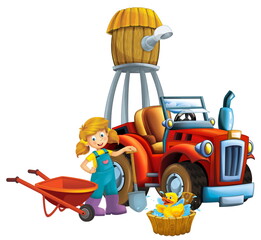 cartoon scene young girl near wheelbarrow and tractor car for different tasks farm animal duck swimming playing farming tools water silo illustration for children