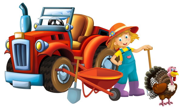 recommend clip art: cartoon scene young girl near wheelbarrow and tractor car for different tasks farm animal turkey bird playing farming tools water silo illustration for children