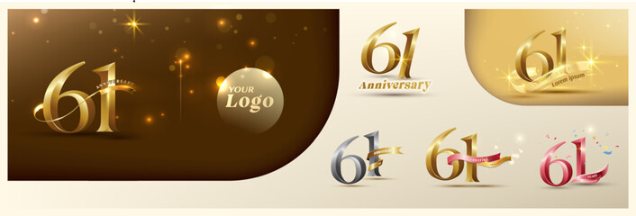 61st anniversary logotype modern gold number with shiny ribbon. alternative logo number Golden anniversary celebration