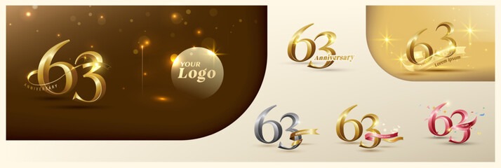 63rd anniversary logotype modern gold number with shiny ribbon. alternative logo number Golden anniversary celebration