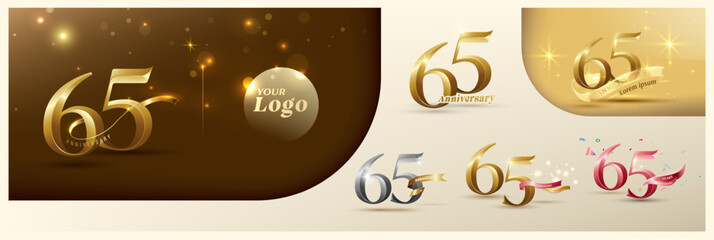 65th anniversary logotype modern gold number with shiny ribbon. alternative logo number Golden anniversary celebration