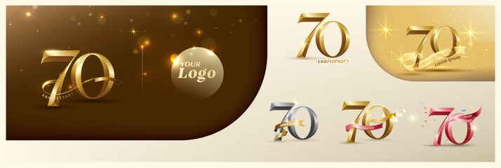 70th anniversary logotype modern gold number with shiny ribbon. alternative logo number Golden anniversary celebration