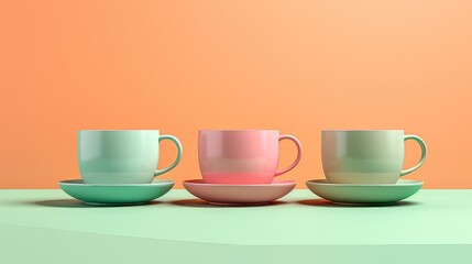 Three cups with different colors and a matching saucer are arranged on a table