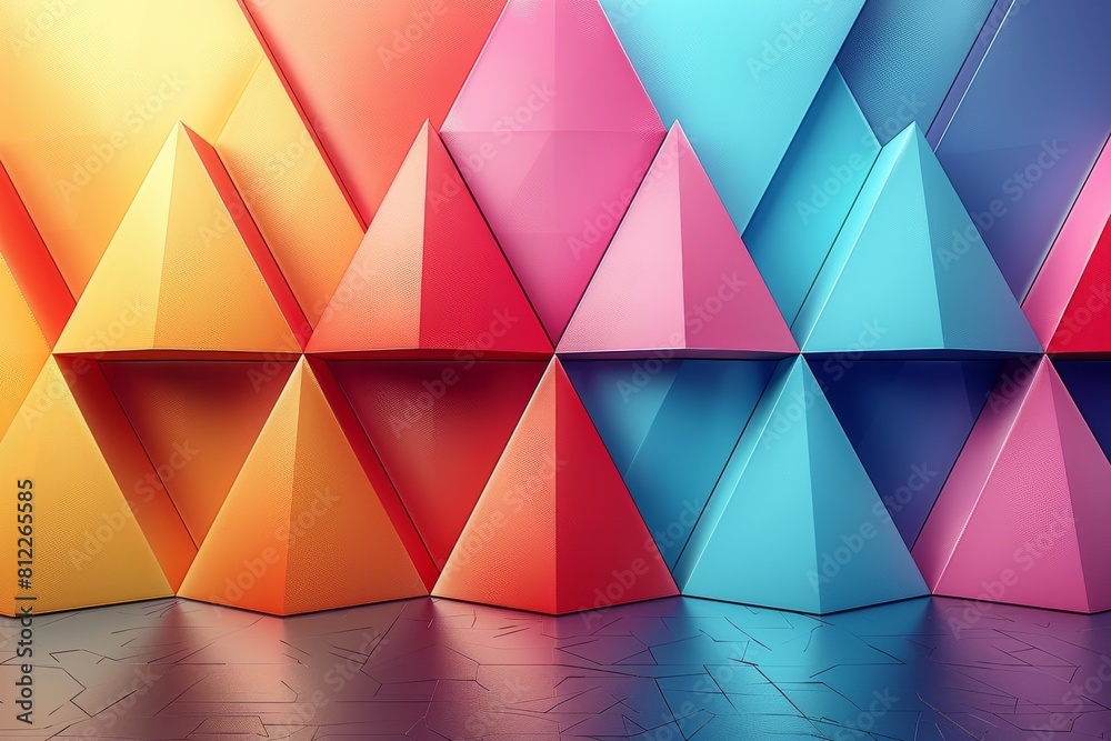 Poster a lively array of purple and blue pyramid shapes creating an energetic and dynamic geometric composi