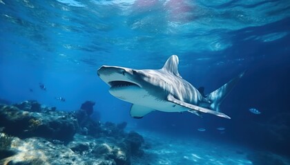 Fototapeta premium The great White Shark in the ocean, portrait of White shark hunting prey in the underwater