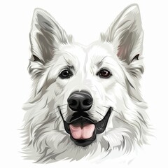 White Swiss Shepherd Dog face on a white, close up front view portrait, cartoon sketch style
