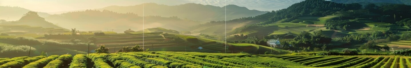 A serene panoramic view of vibrant tea fields basking in the warm glow of a sunrise, nestled amidst rolling hills and mist