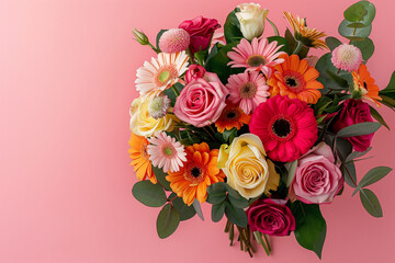 Express your love on Valentine's Day with a bouquet of flowers arranged on a pastel pink surface.
