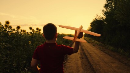 Boy launches plane into field with sunflowers at sunset. Little boy playing with toy airplane...