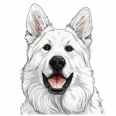Happy White Swiss Shepherd Dog on a white, close up front view portrait, cartoon sketch style