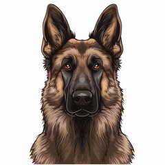 Shepherd Dog face icon on white, close up front view portrait in cartoon sketch style
