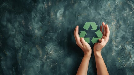 Two hands are carefully holding a bold green recycle logo against a textured blue background, promoting environmental awareness