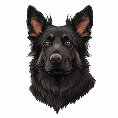 Black fluffy Shepherd Dog icon on a white, close up front view portrait, cartoon sketch style