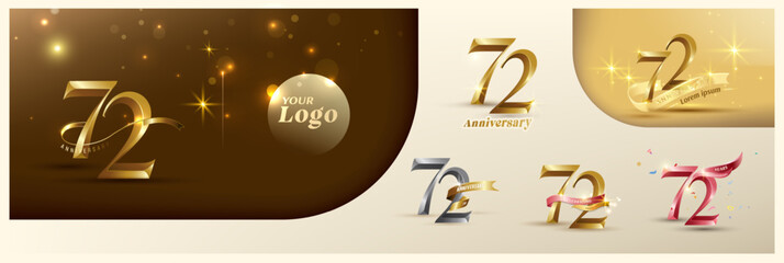 72nd anniversary logotype modern gold number with shiny ribbon. alternative logo number Golden anniversary celebration