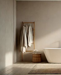 White bath tub a modern bathroom alongside towel rack, minimalistic Scandinavian-style ambiance