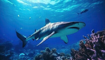 Fototapeta premium The great White Shark in the ocean, portrait of White shark hunting prey in the underwater