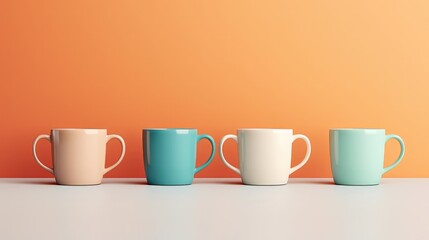 Four cups of different colors are lined up on a table