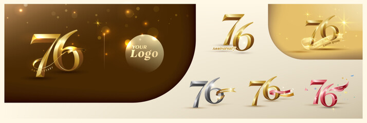 76th anniversary logotype modern gold number with shiny ribbon. alternative logo number Golden anniversary celebration