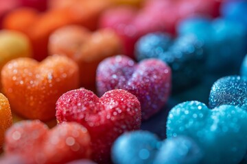 A vibrant and sparkling display of glitter-coated heart-shaped objects in a rainbow of colors