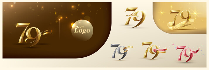 79th anniversary logotype modern gold number with shiny ribbon. alternative logo number Golden anniversary celebration