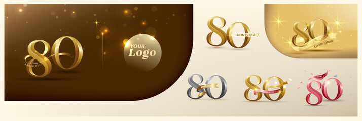 80th anniversary logotype modern gold number with shiny ribbon. alternative logo number Golden anniversary celebration