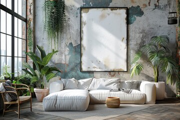 An urban interior design scene showing a stylish, spacious living room with a large blank frame