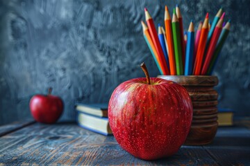 A vivid image portraying an apple and colored pencils next to books, representing education
