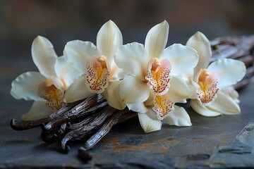 Obraz na płótnie Canvas Beautifully detailed orchids paired with vanilla beans, depicting freshness and botanical beauty