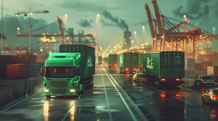 A green truck is driving in an industrial harbor area illuminated by the warm evening light, representing logistics
