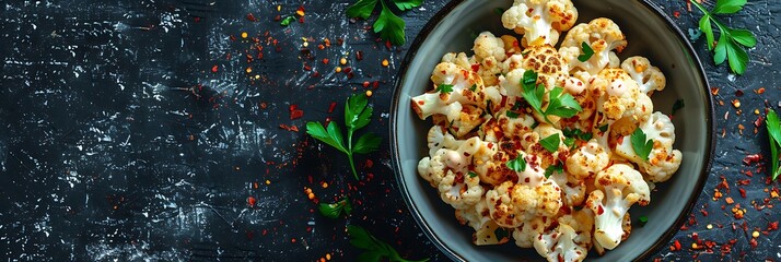 Roasted cauliflower with tahini sauce, top view horizontal food banner with copy space