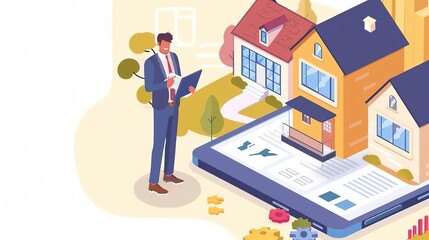 A real estate agent is standing next to a house