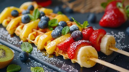 A waffle skewer loaded with fresh fruit chunks, a healthy and delicious snack for any time of day