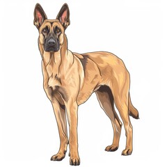 Belgian Shepherd Dog Malinois stays on a white , cartoon colored, sketch style