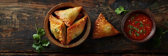 Samosa with chutney, top view horizontal food banner with copy space