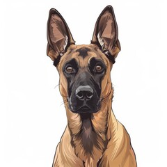 Belgian Dog Malinois icon on a white, close up front view portrait in cartoon sketch style
