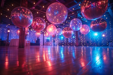 Low angle view of various sized disco balls floating above a dance floor with blue and pink lights