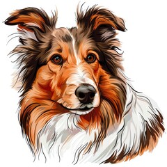 Ginger Collie dog on a white, cartoon close up portrait in sketch style. Scottish Shepherd