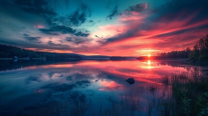 Fototapeta na wymiar Stunning Sunset Over Lake With Boat