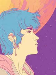 Stylized profile of a man in 1980s anime style against a starry night backdrop.