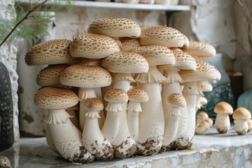 An impressive image of a towering stack of large, edible mushrooms with textured caps arranged artistically on a shelf