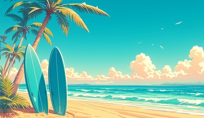 Illustration of two surfboards leaning against palm trees on the beach with sun and waves in background