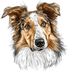 Collie Smooth dog on a white, cartoon front view close up portrait in sketch style