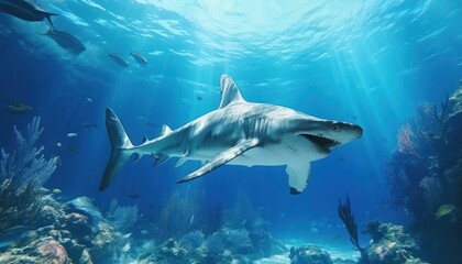 Naklejka premium The great White Shark in the ocean, portrait of White shark hunting prey in the underwater
