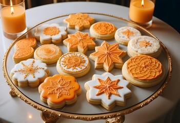 national sugar cookie day with a lot of sugar cookies with different types and tastes are holding in plates on a table with luxrious background