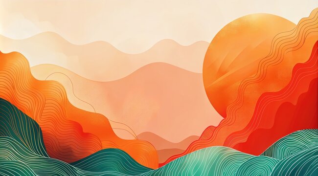 Colorful hand-drawn Background for the Asian American Heritage Month banner. Oriental template design with an empty space for copying text. Abstract background with red sun and waves
