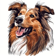 Happy red collie dog in cartoon sketch style close up portrait of a scottish shepherd