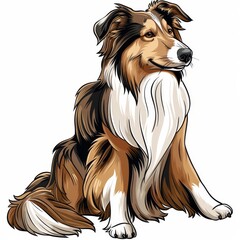 Adorable red collie dog sitting on a white background in a charming cartoon sketch style